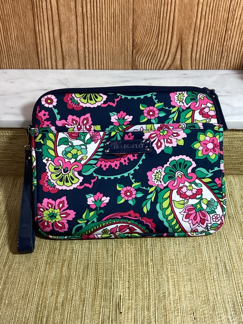 Vera Bradley Navy Floral Zip IPad Wristlet with Pink & Green Accents